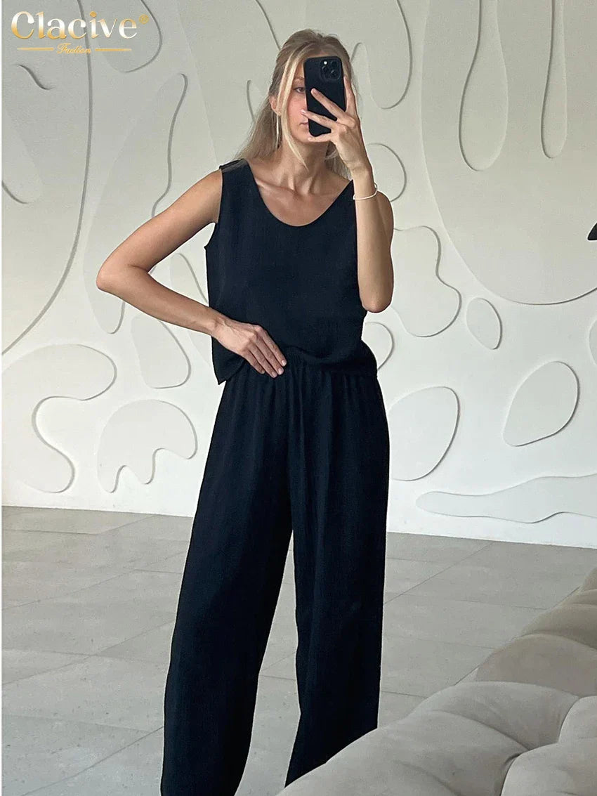 Clacive Casual Loose Beige Cotton 2 Piece Sets Women Outfit Fashion Sleeveless Tank Top With High Waist Wide Pants Set Homewear black