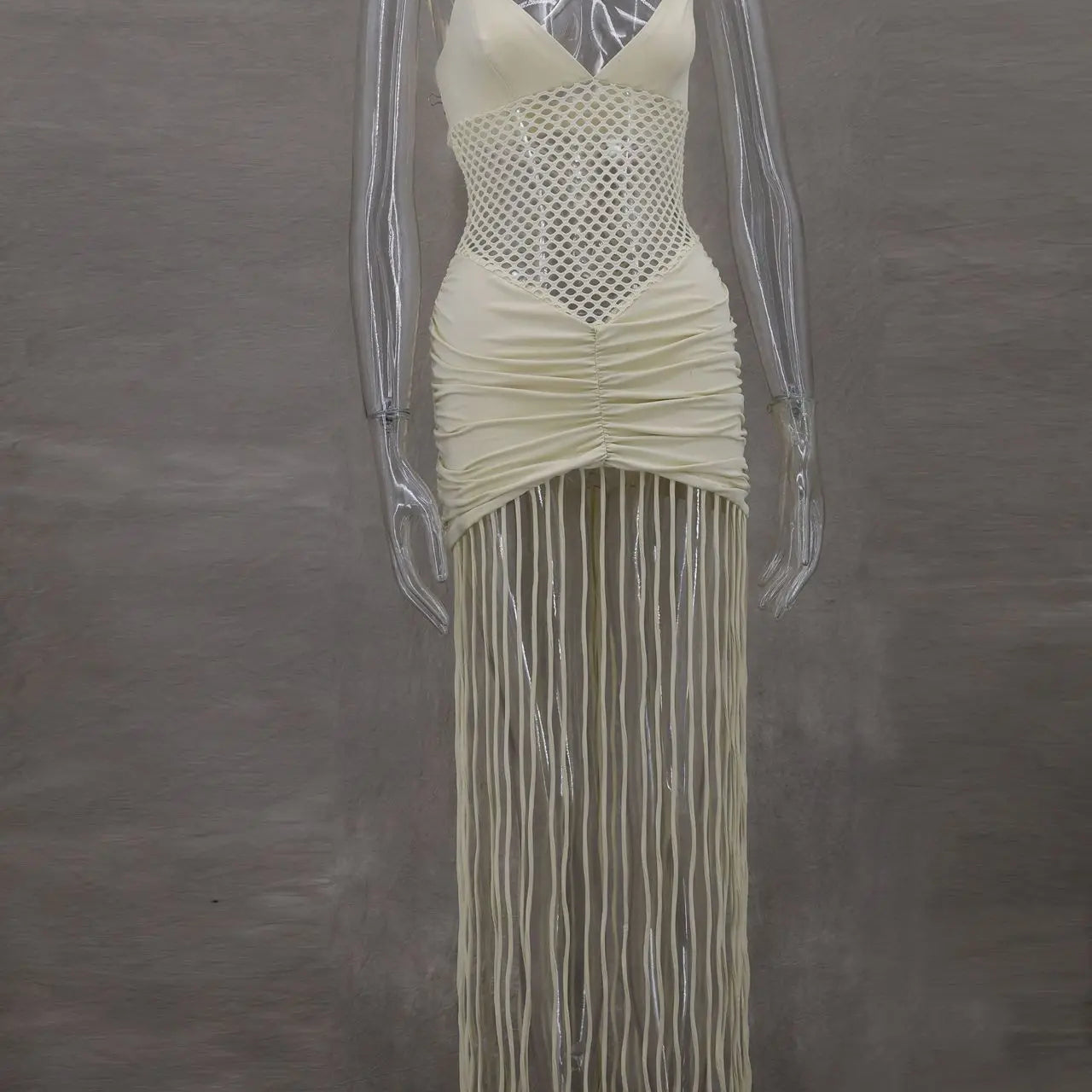 CM.YAYA Women Spaghetti Strap V-neck Sleeveless Tassel Hollow Out Midi Maxi Dress Sexy Birthday Night Party Vestidos Dresses