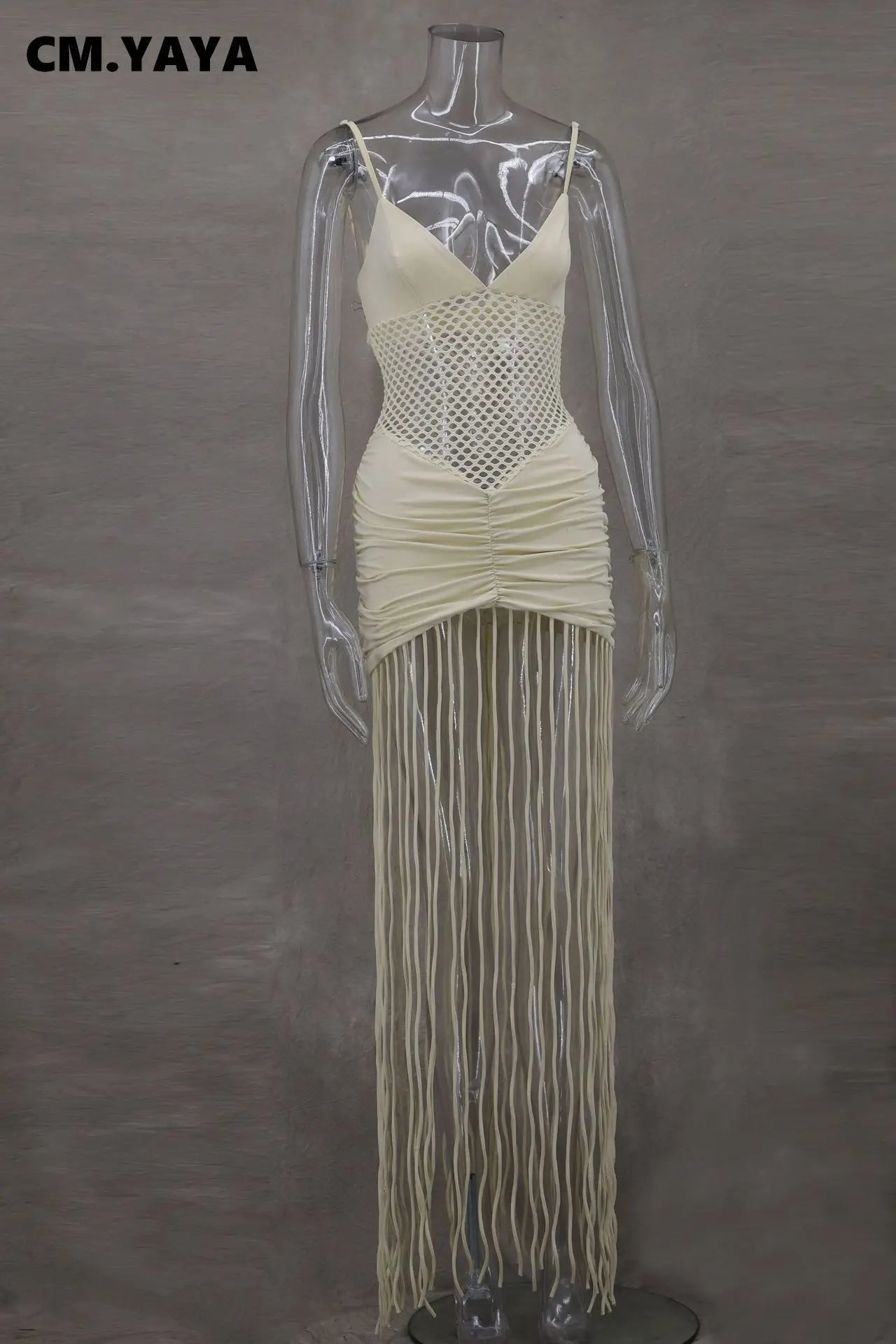 CM.YAYA Women Spaghetti Strap V-neck Sleeveless Tassel Hollow Out Midi Maxi Dress Sexy Birthday Night Party Vestidos Dresses