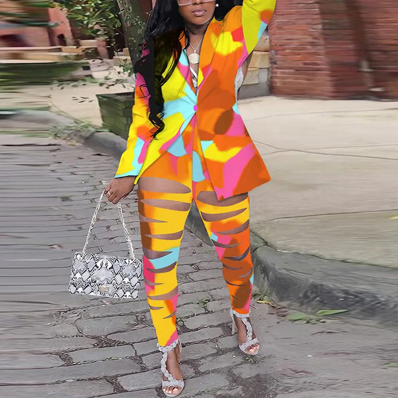 Plus Size Women Two Piece Set Turn Down Collar Vintage Print Autumn Long Sleeve Jacket Blazer Slim Hollow Out Pants Suit 2022