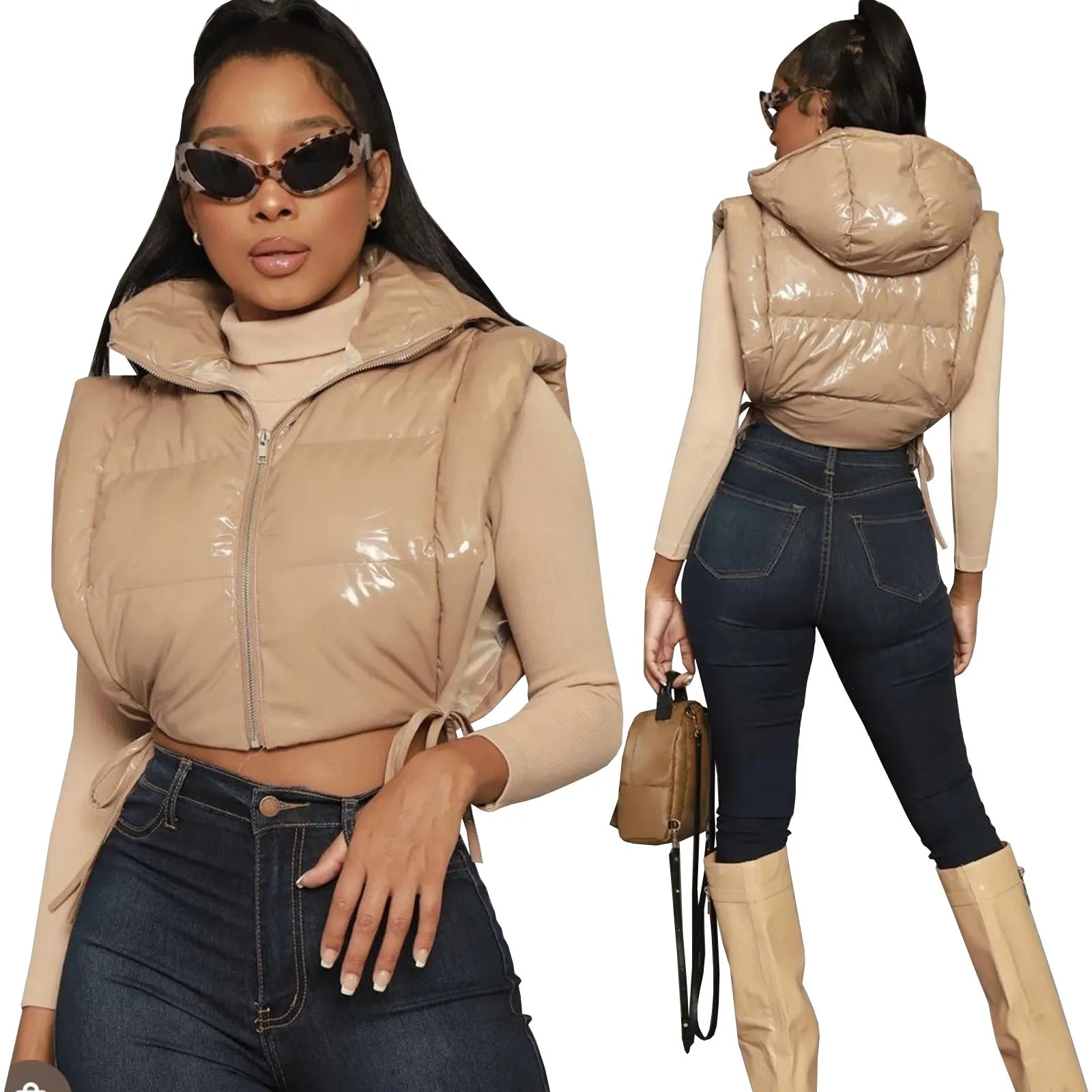 Sexy Side Slit Hooded Puff Jacket Vests Women Bandage Zipper Up Crop Tops Winter Autumn Casual Solid Clothes Streetwear