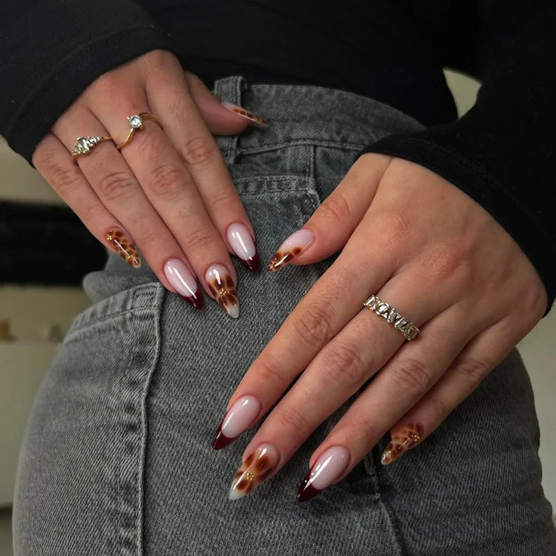 24Pcs Long Stiletto Fake Nail Brown Blue Smudge Leopard Print Press on False Nails Star Polka Dot Wearable Full Cover Nails Tips