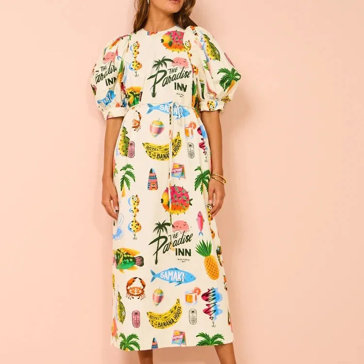Women Hawaii Holiday Print Long Dress Short Sleeve Sashes Empire Waist Loose Vintage Retro Ladies Summer Beach Drsses NEW print