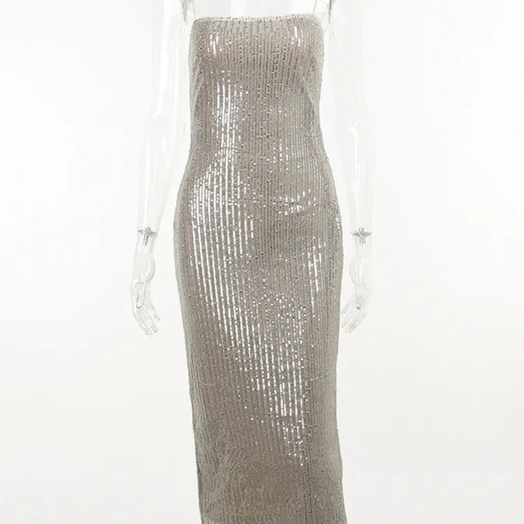 Mozision Spaghetti Strap Sparkle Maxi Dress Women Glitter Elegant Split Sleeveless Long Dress Fashion Sexy Party Club Dress Apricot