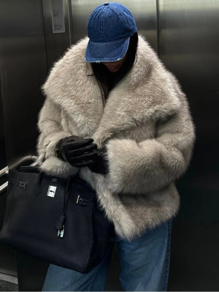 Women's Faux Fur Cropped Jacket Coat Autumn Winter New Lapel Long Sleeve Thick Warm Soft Jacket Female Chic Warm Outerwear