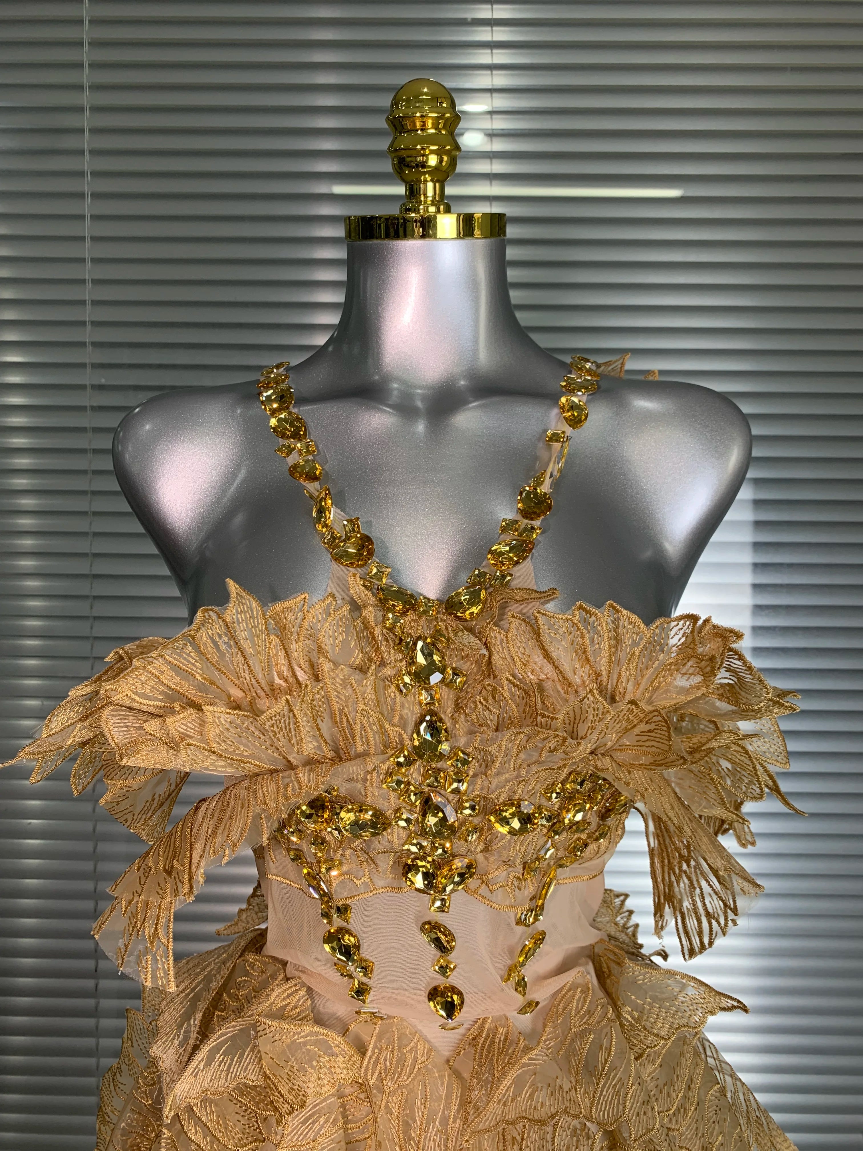 Summer New Women Sexy Gold Crystal Diamonds Stage Performance Costume Dancer Singer Night Club Mini Party Dress