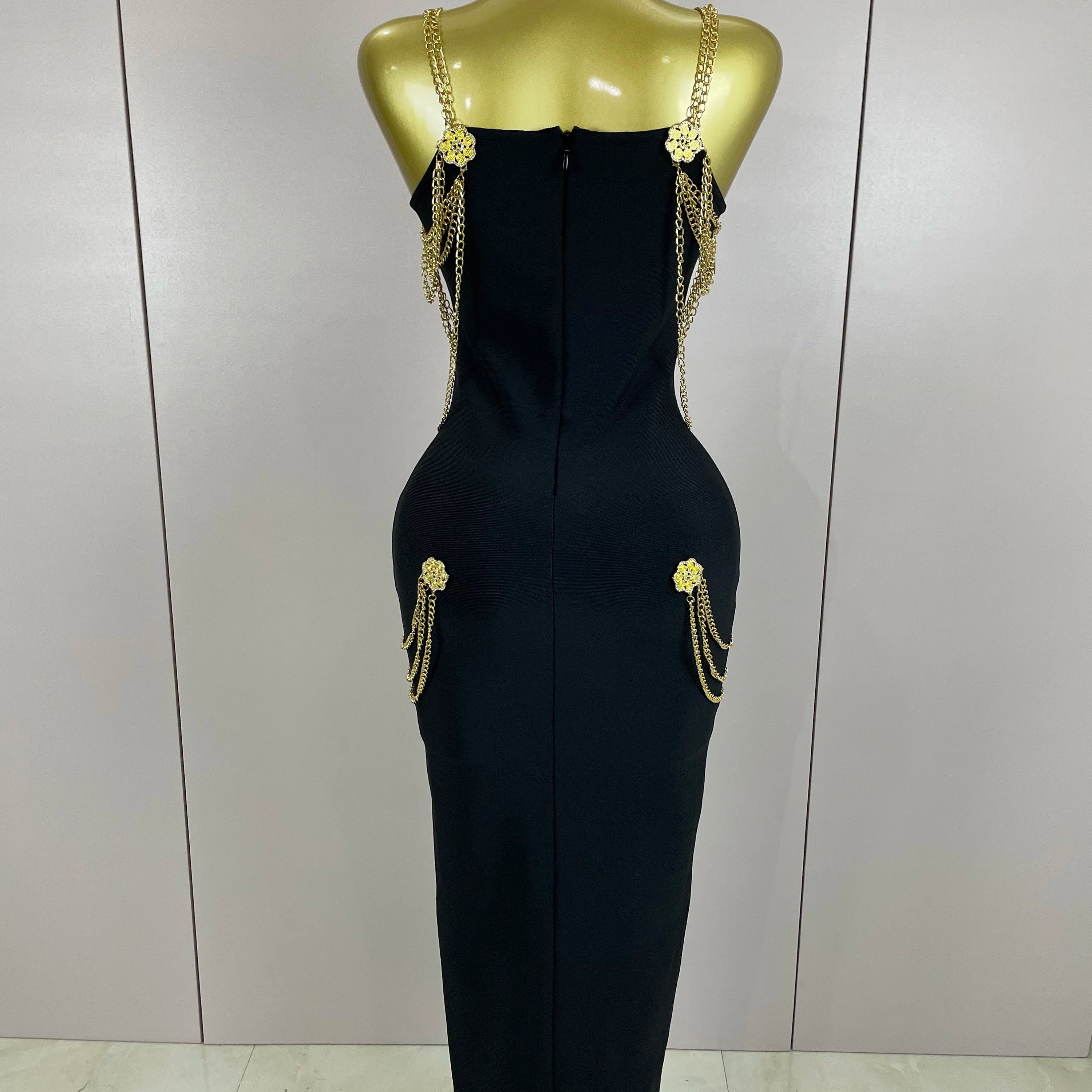 2025New High Quality New Black Chain Spaghetti Strap V-Neck Split Bandage Dress Bodycon Celebrity Club Party Long Dress Vestidos