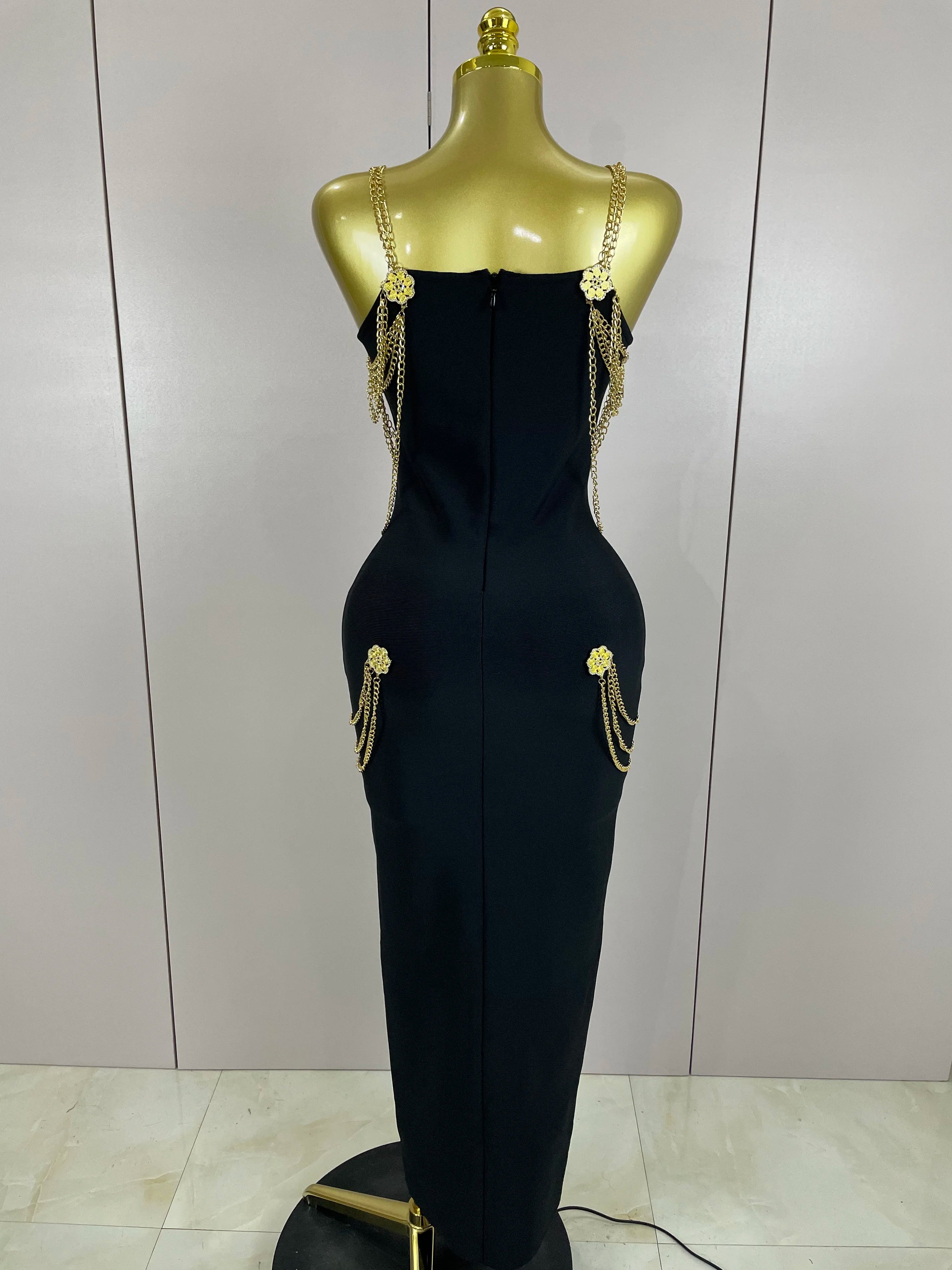 2025New High Quality New Black Chain Spaghetti Strap V-Neck Split Bandage Dress Bodycon Celebrity Club Party Long Dress Vestidos
