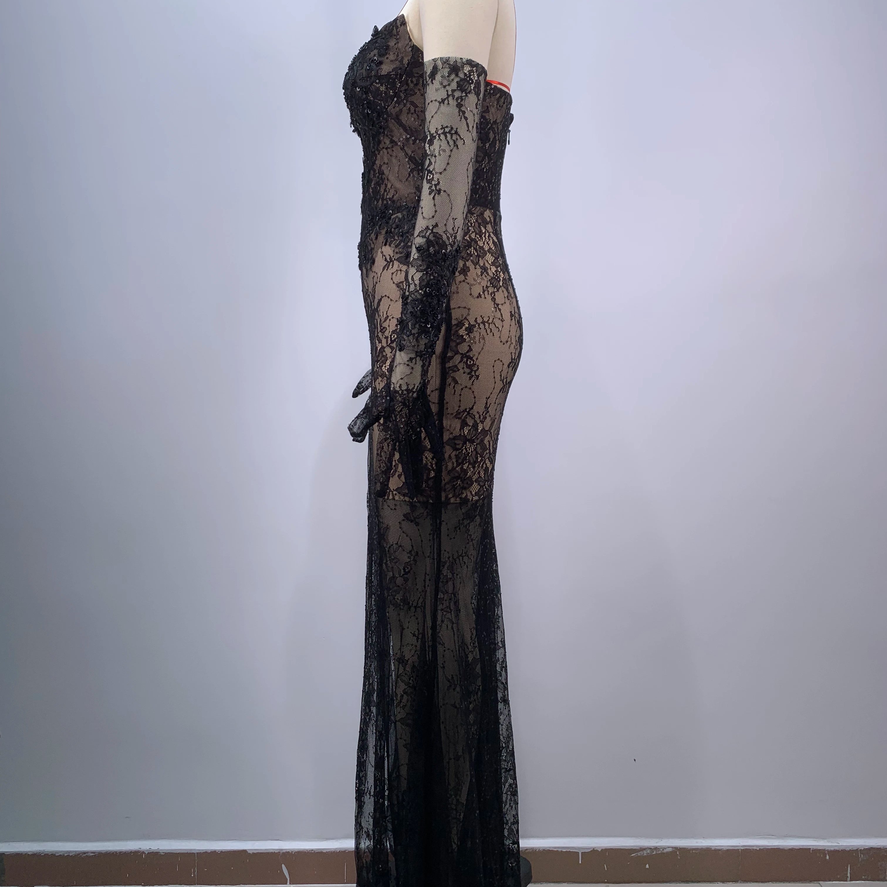Fashion Gloves Sexy Mesh See Through Black Lace Strapless Midi Calf Dress Birthday Party Evening Dress Celebrity Party Dress
