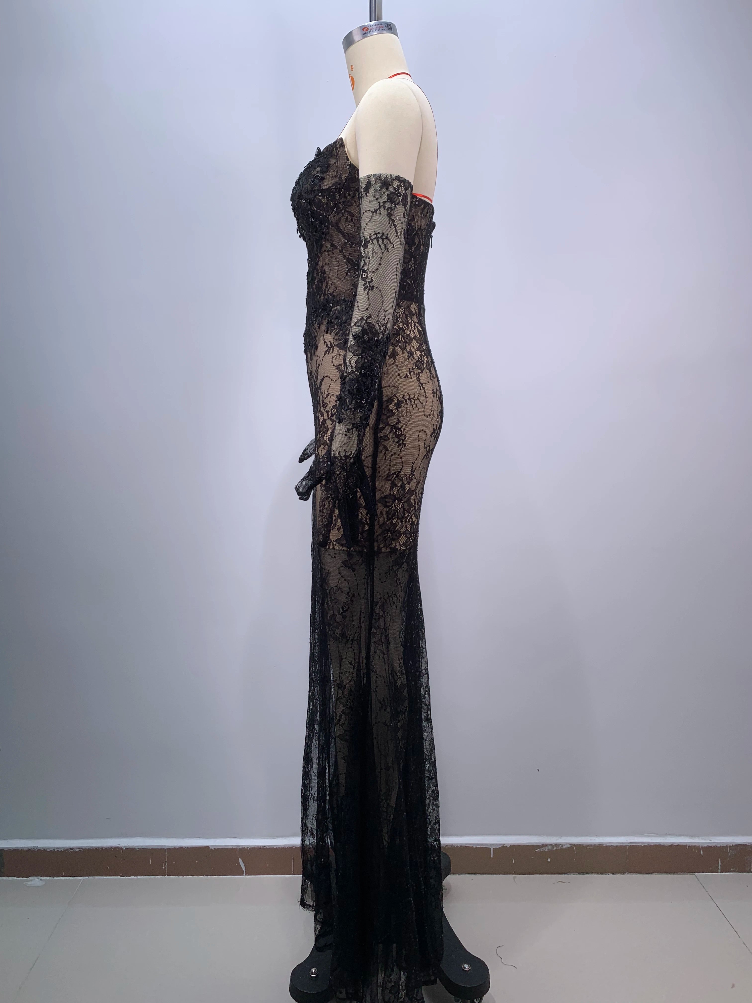 Fashion Gloves Sexy Mesh See Through Black Lace Strapless Midi Calf Dress Birthday Party Evening Dress Celebrity Party Dress