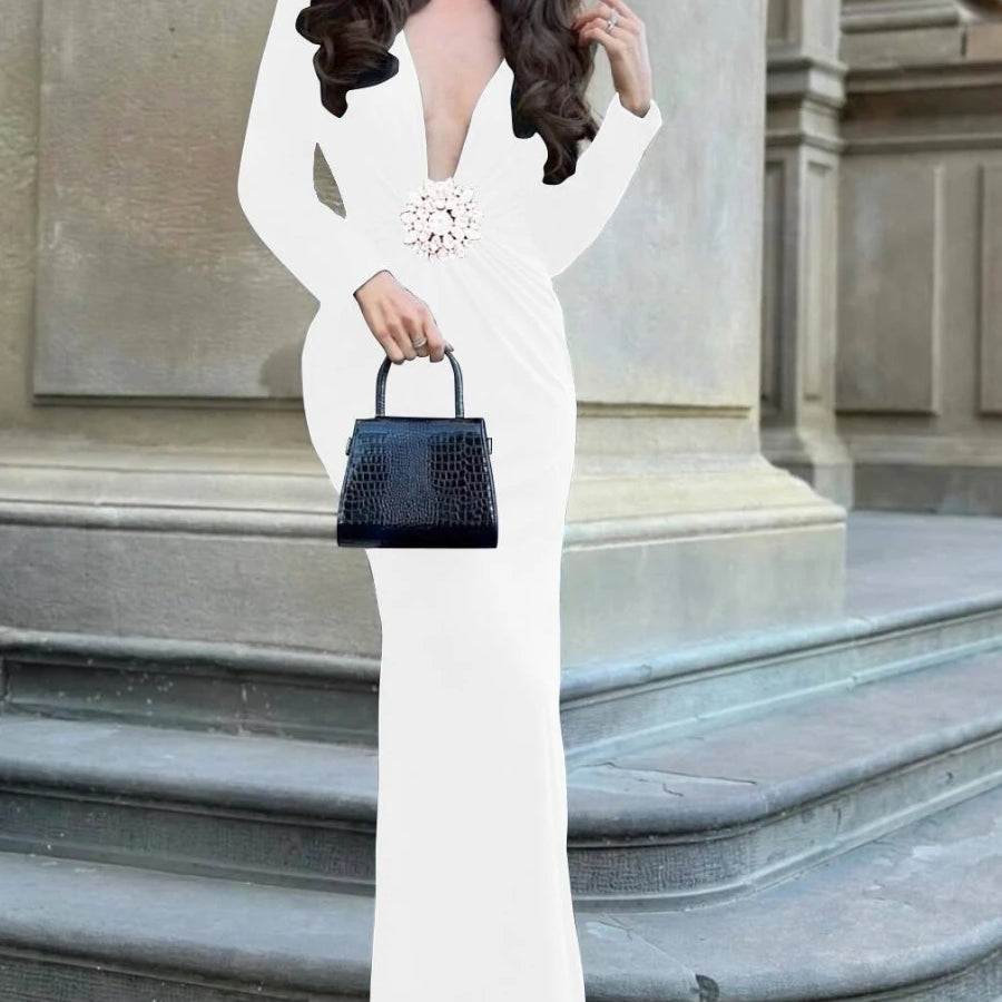 TWOTWINSTYLE Solid Slimming Spliced 3D Flower Dresses for Women V Neck Long Sleeves Temperament Dress Female Fashion Clothing