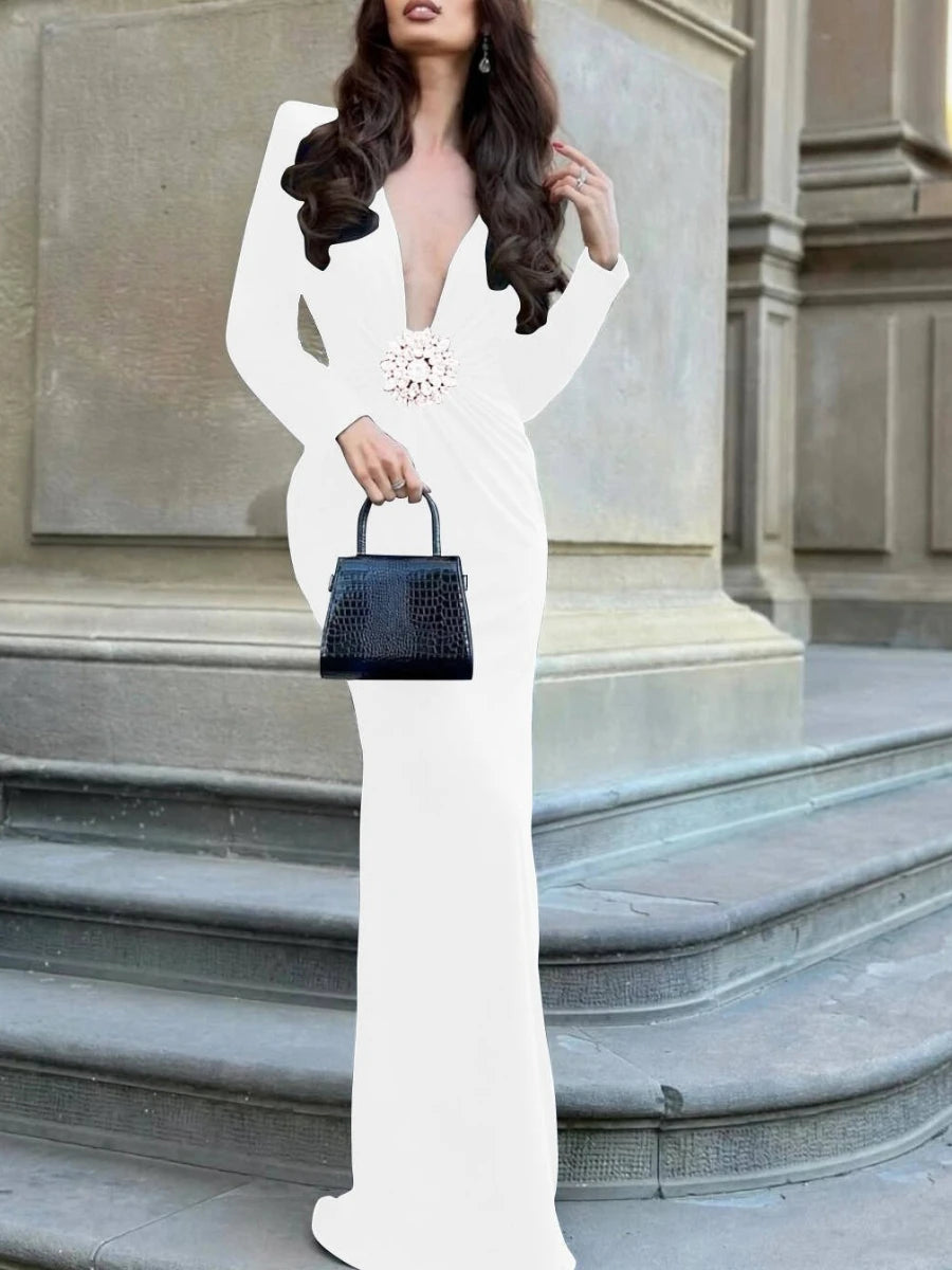 TWOTWINSTYLE Solid Slimming Spliced 3D Flower Dresses for Women V Neck Long Sleeves Temperament Dress Female Fashion Clothing