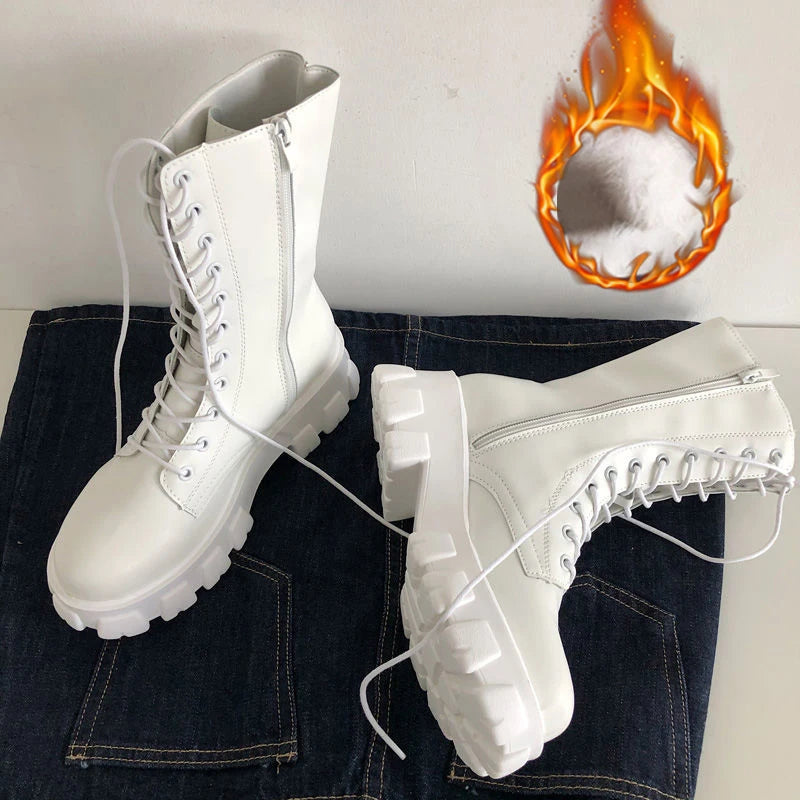 Mid Calf Boots Women Autumn Winter Fashion Lace-up Ladies Chelsea Zipper Botas Mujer Boots Sports Platform Heel Ladies Shoes White with fur