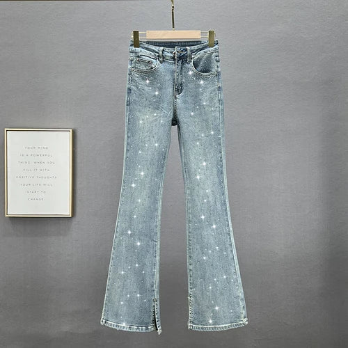 Skinny Jeans for Women Spring Cloth New High Waist Slimming Heavy Embroidery Hot Drilling Denim Pants Long Trousers Retro blue