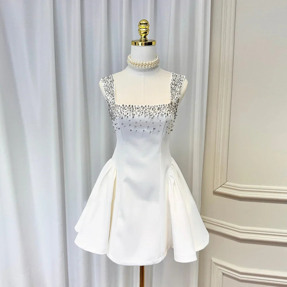 Solid Slimming Fashion Dresses for Women Square Neck Sleeveless Patchwork Diamonds Tunic Dress Female Clothing New