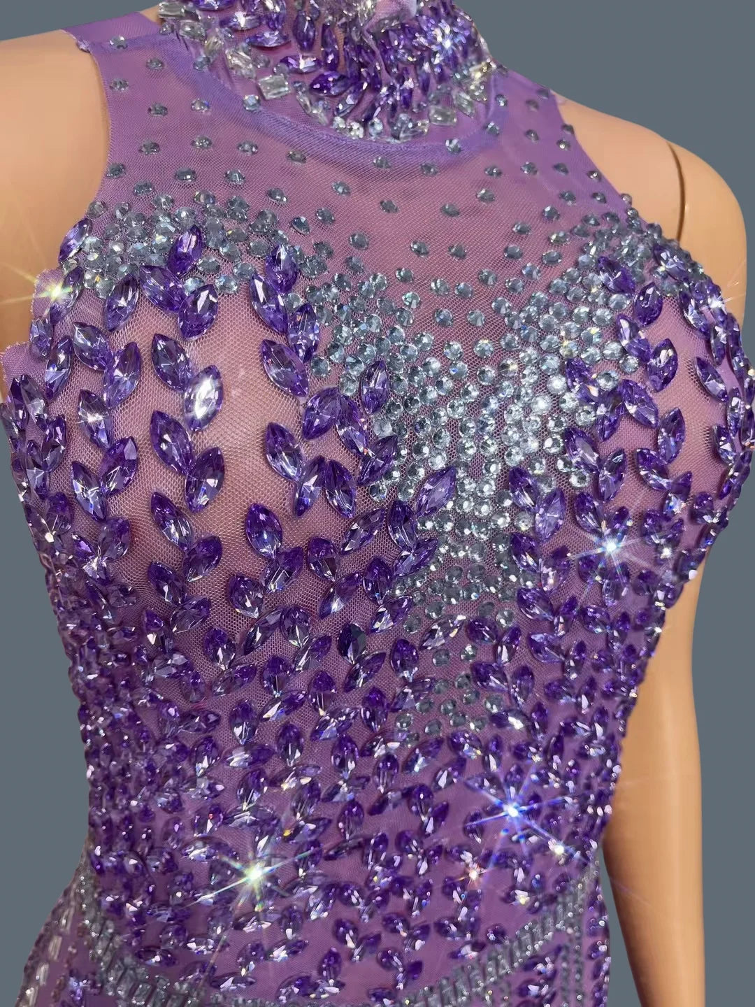 High-quality Purple Crystals Sexy Evening Gown Luxury Dinners Ball Dress Women's Birthday Party Stage Elegant Mesh Dress zizi