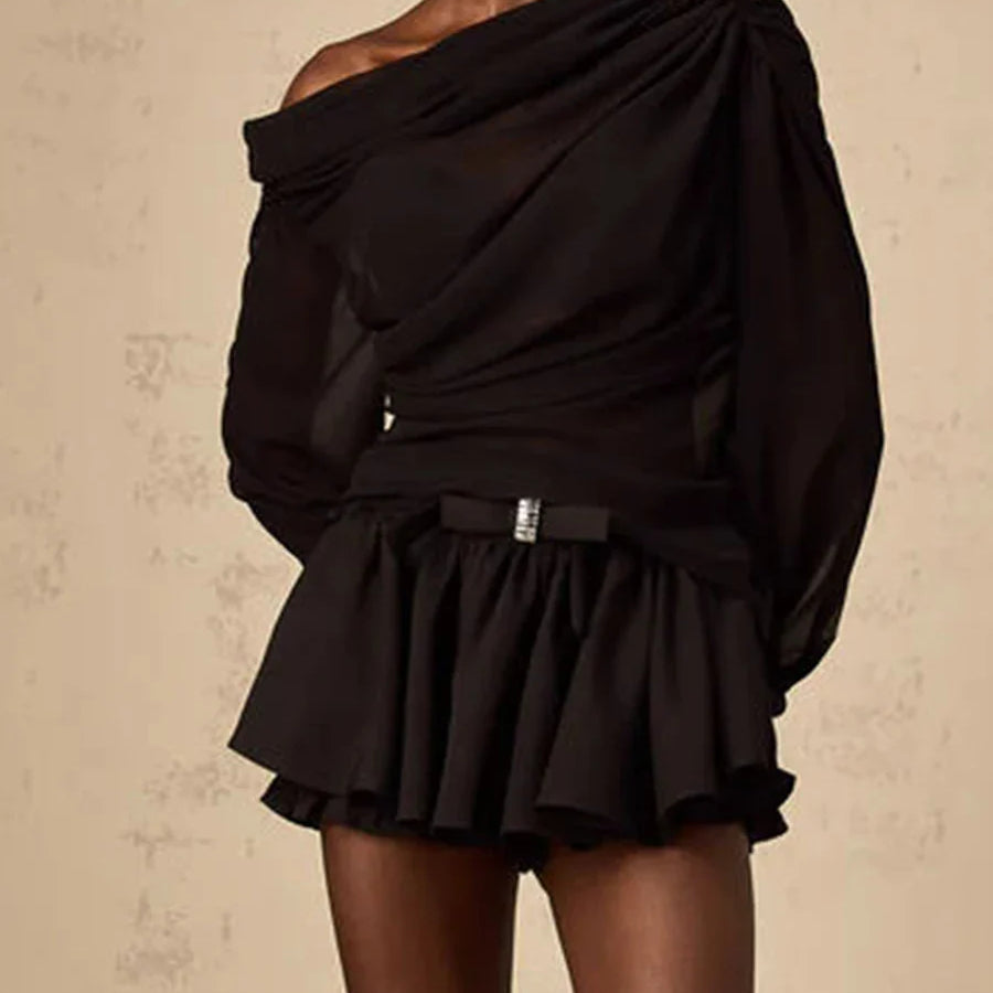 Solid Loose Two Piece Sets for Women Diagonal Neck Long Sleeves Spliced Bow Top Patchwork Ruffles Skirt Female New