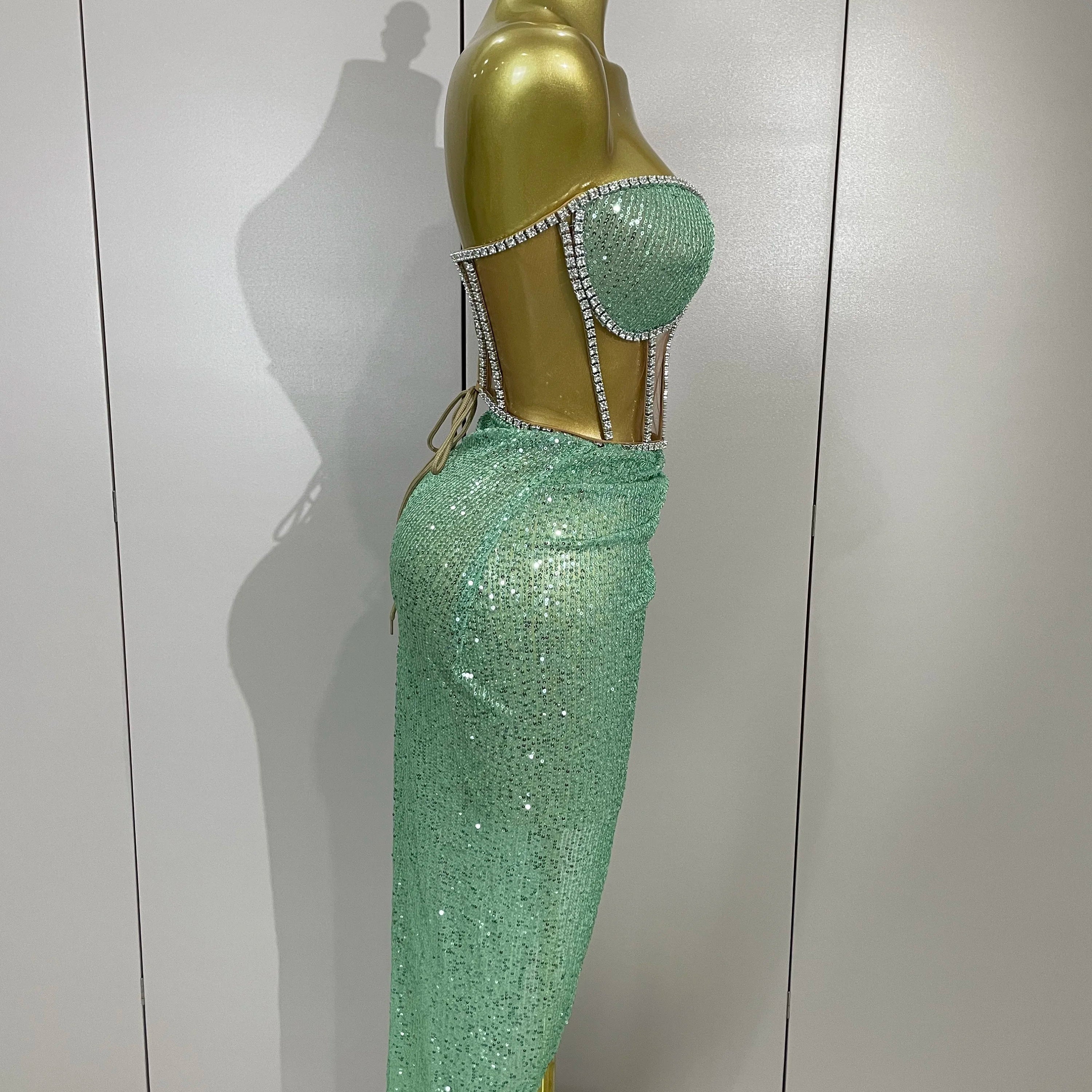 Sparkly Sequins Diamond Birthday Party Two Piece Set Evening Dress 2025 Women Sexy Singer Dancer NightClub Bar Performan Costume