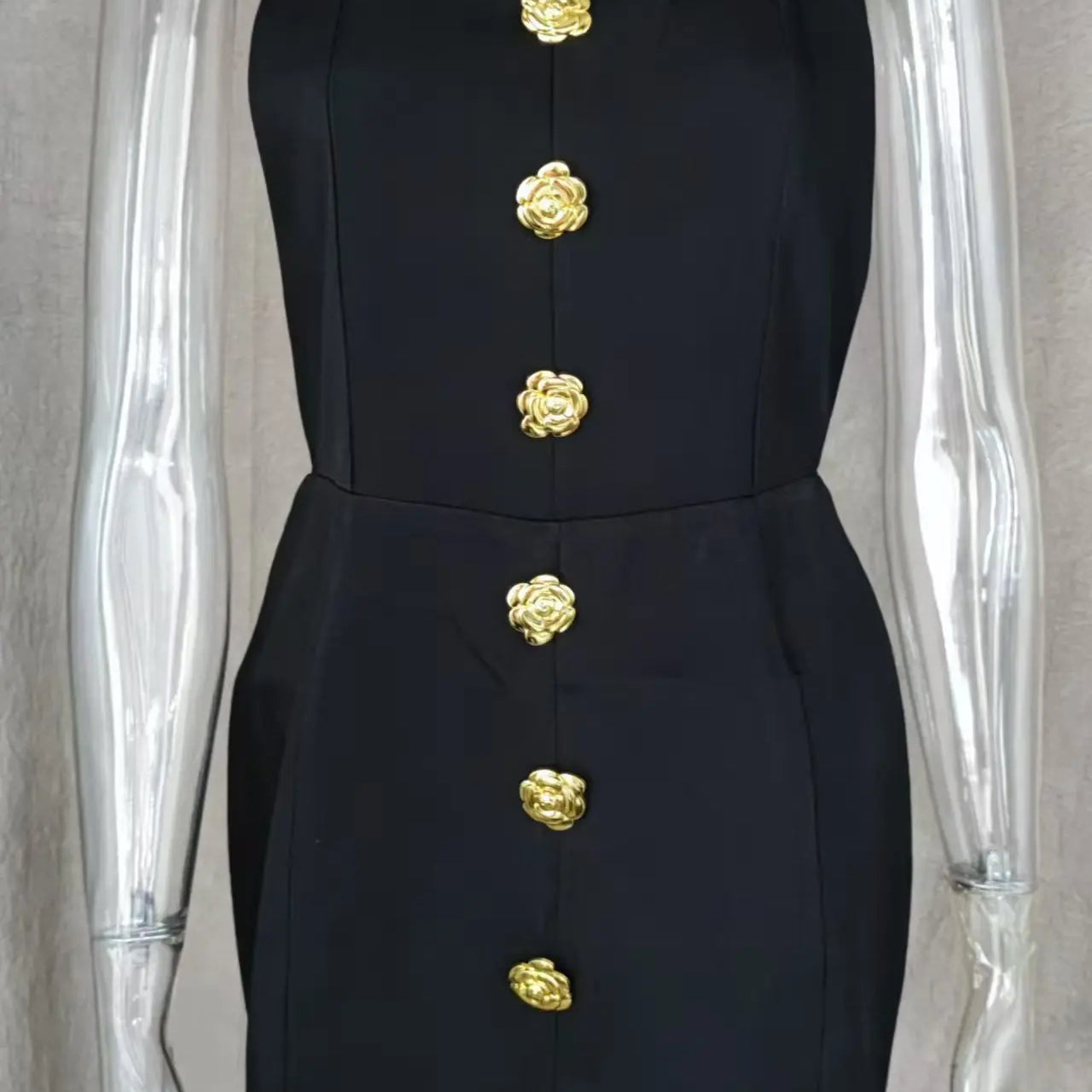 Women Summer Halter Backless Mini Dress Sleeveless Gold Button Solid Color Fashion Elegant Dresses Lady Chic Party Vestidos