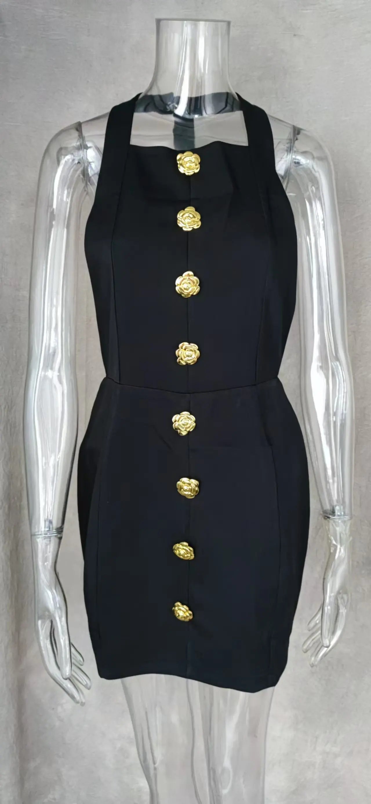 Women Summer Halter Backless Mini Dress Sleeveless Gold Button Solid Color Fashion Elegant Dresses Lady Chic Party Vestidos