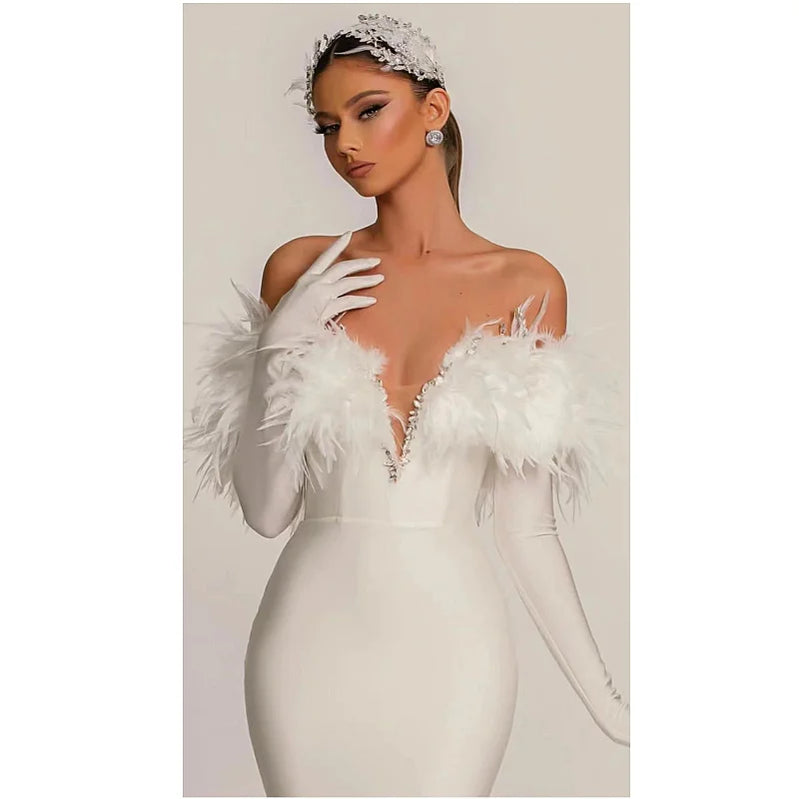STOCK 3 Colors Gorgeous Feathers Shining Sequins V-Neck Strapless Mini Dress Woman Birthday Party Vestido NightClub Party Outfit