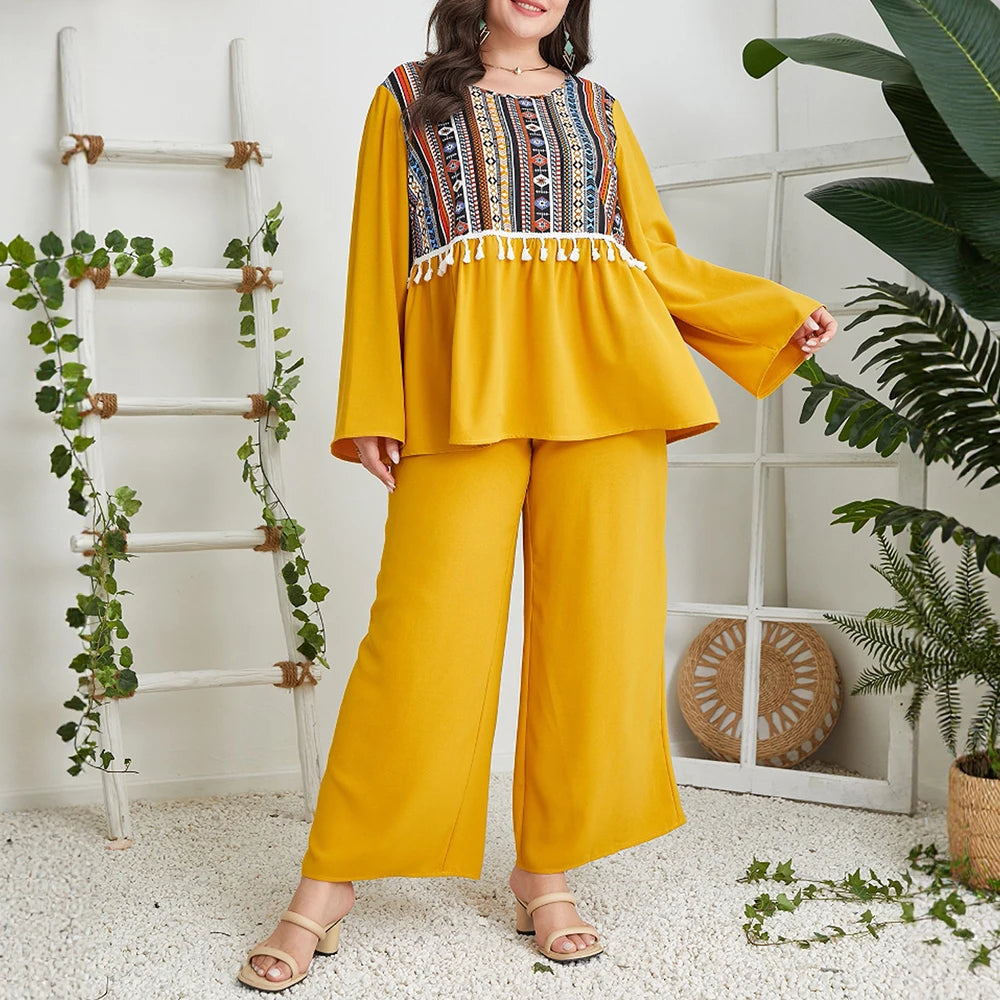 Plus Size Rafiah Women's Summer Sets Graphic Print Tassel Long Flare Sleeve Round-Neck T-Shirt Wide Leg Pant Casual Sets