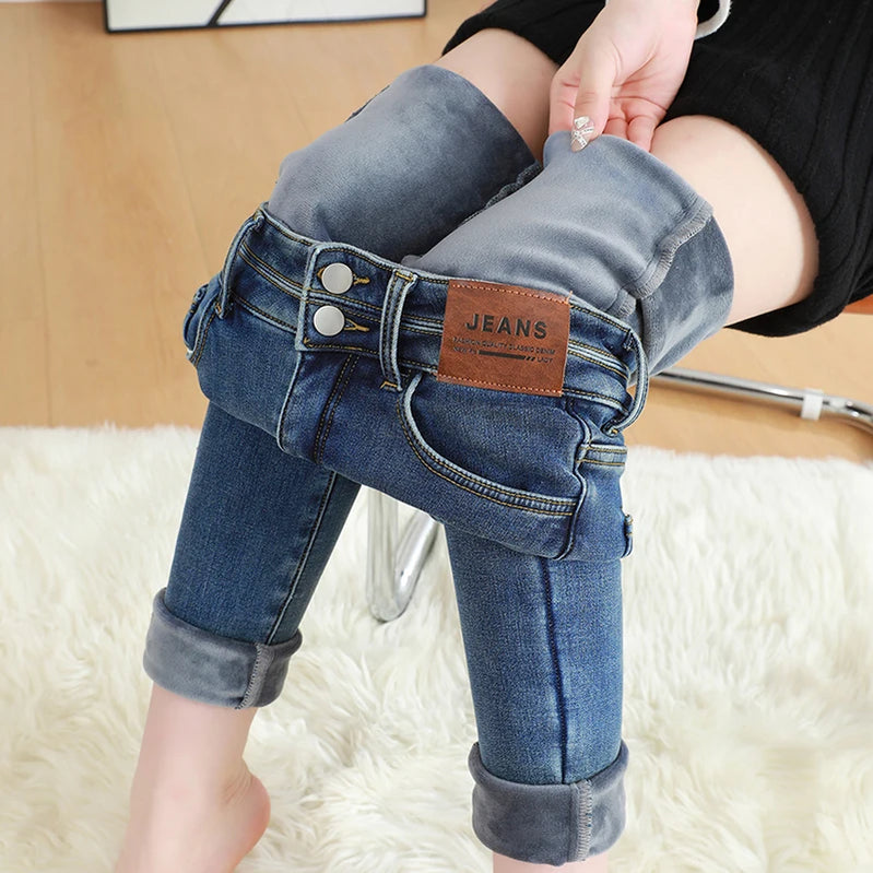 Winter Women's Fleece Thickened Jeans Elastic High Waist Skinny Fashion Slim Fit Velvet Pencil Denim Pants Black Blue