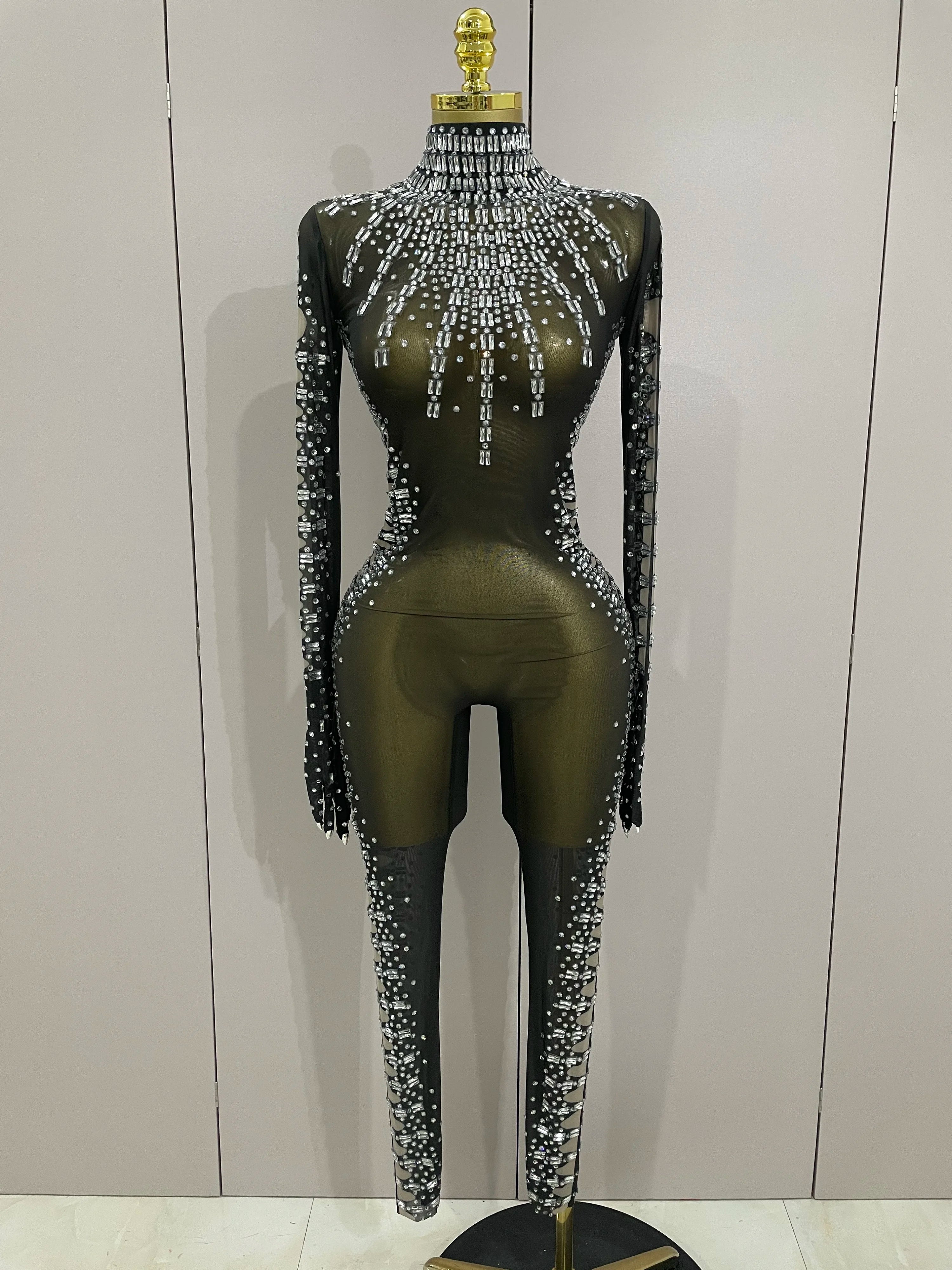 Sexy Sparkly Crystals Black Mesh Jumpsuit With Gloves 2025 Women Celebrate Birthday Party NightClub Singer Dance Stage Costumes