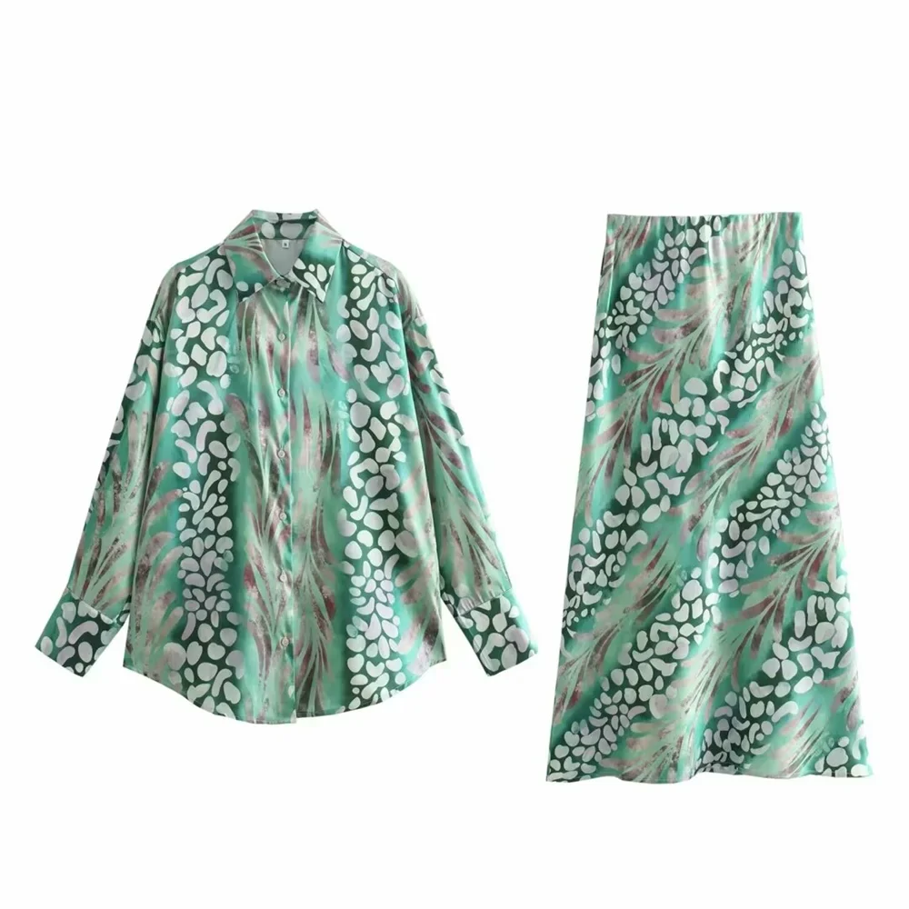 Taop&Za Women's Elegant Silk Texture Printed Long sleeved Shirt/High Waist Printed Half skirt Long skirt Green two piece set