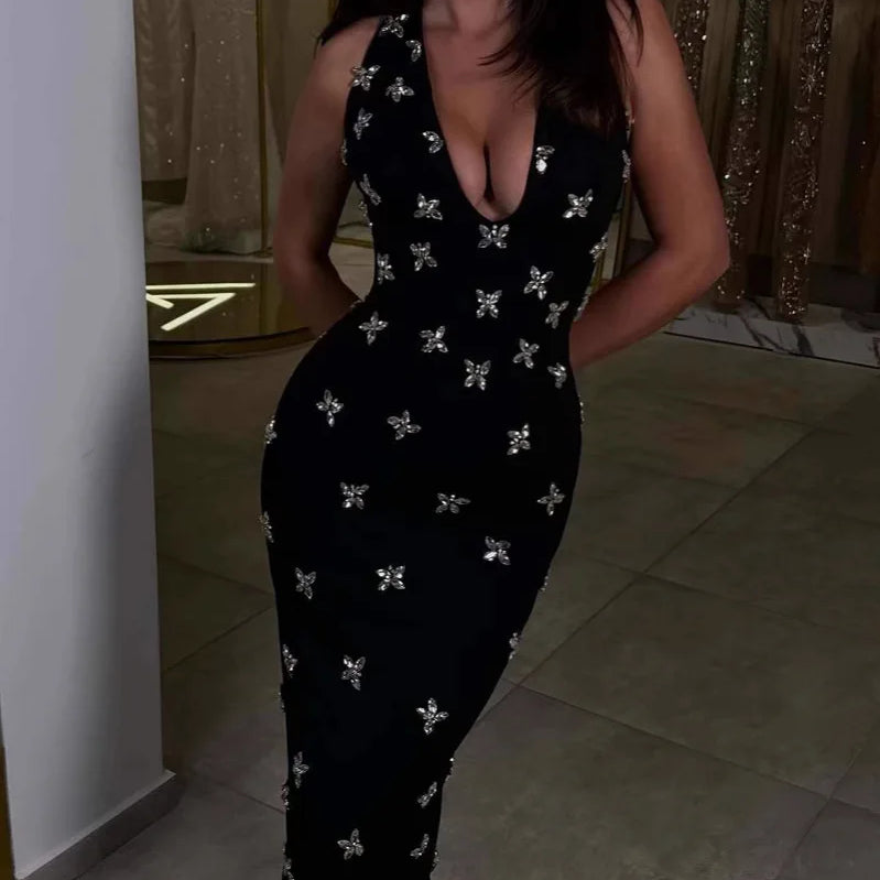 Women Sleeveless Sexy Halter Off the Shoulder Shinning Crystal Bodycon Long Bandage Dress Celebrate Evening Outfit