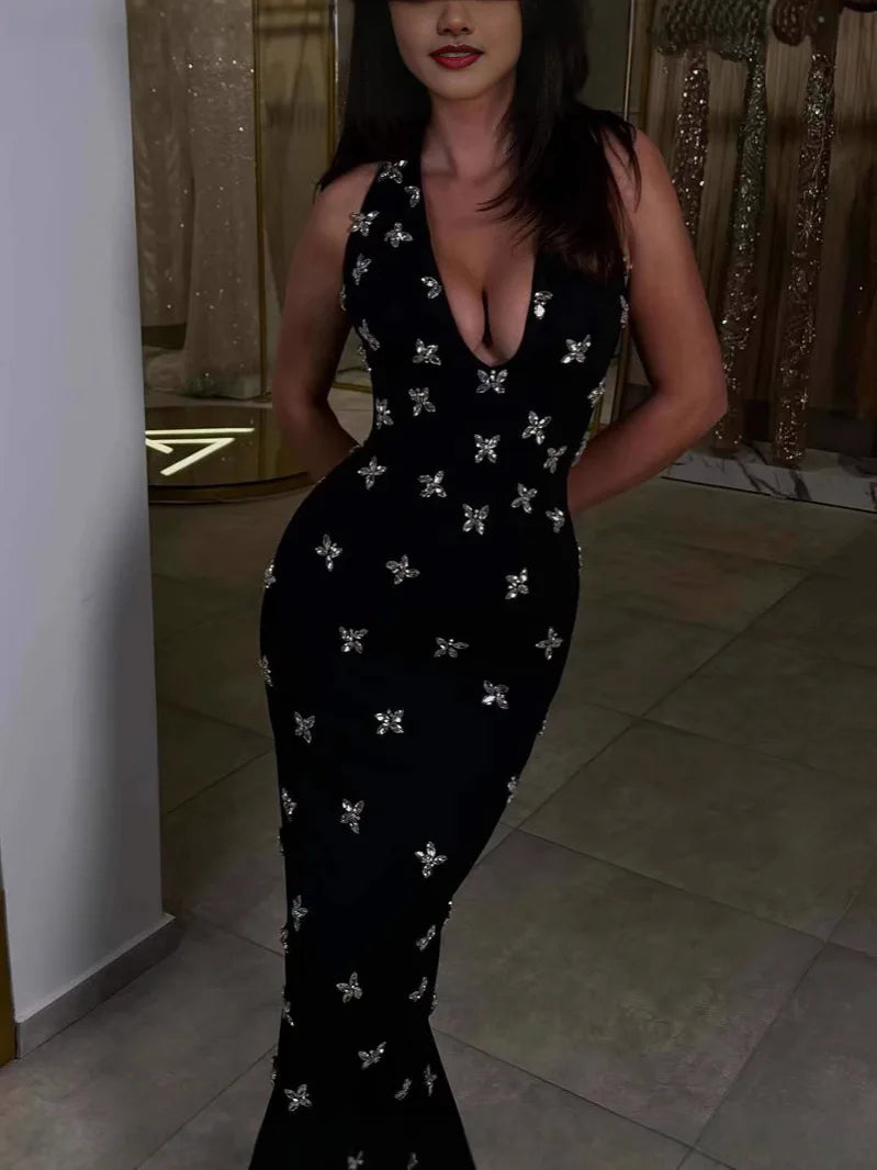 Women Sleeveless Sexy Halter Off the Shoulder Shinning Crystal Bodycon Long Bandage Dress Celebrate Evening Outfit