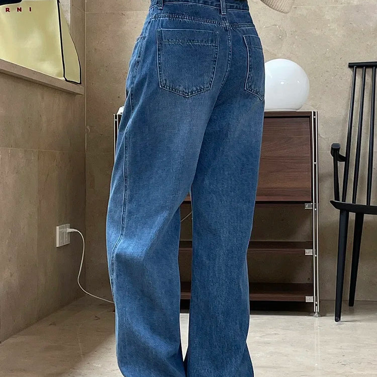 [LANMREM] Vintage Washed Jeans For Woemn High Waist Wide Leg Pants Fashion Streetwear Loose Female Trousers Spring New 26D4