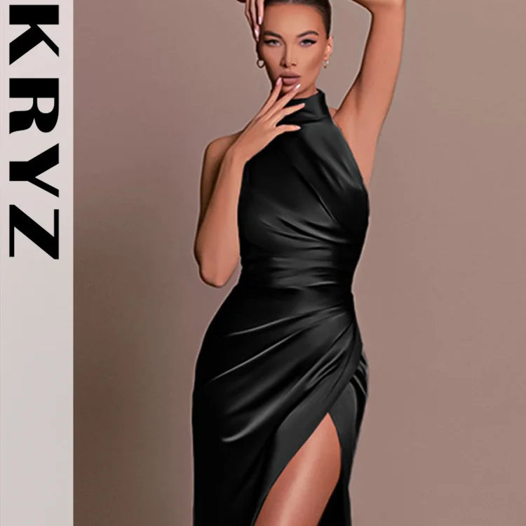 Ladies Satin New Evening Party Dresses Women Sleeveless Backless Halter Side Slit Sexy Elegant Maxi Dress Fashion Female Outfits