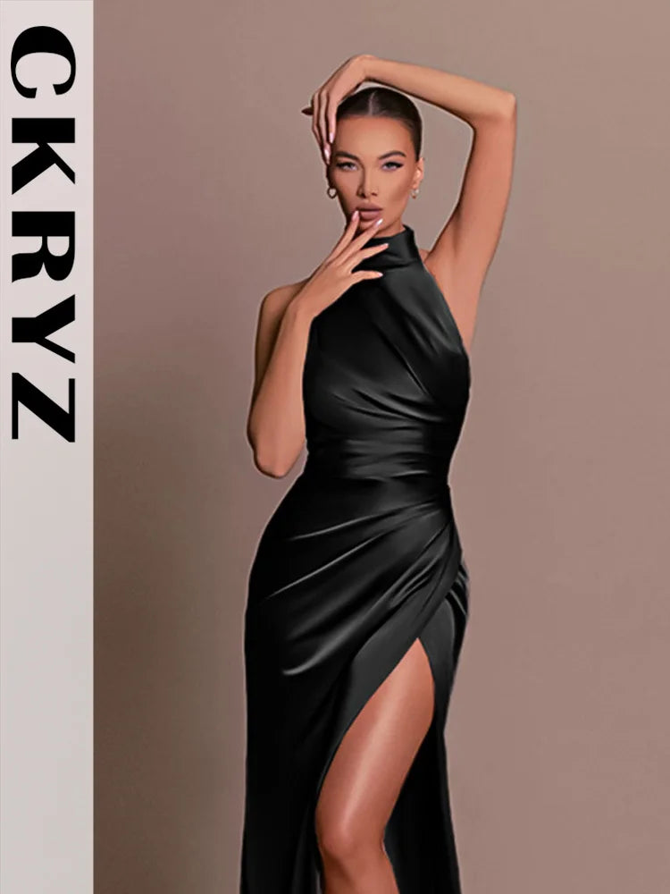 Ladies Satin New Evening Party Dresses Women Sleeveless Backless Halter Side Slit Sexy Elegant Maxi Dress Fashion Female Outfits