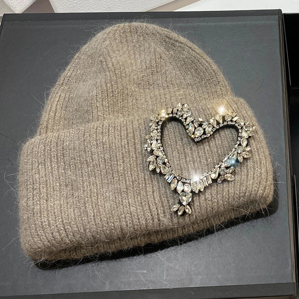 Luxury Heart Rhinestone Winter Beanies Women Solid Color Real Rabbit Fur Knitted Hat Lady Fashion Warm Pullover Caps Gifts camel Adult