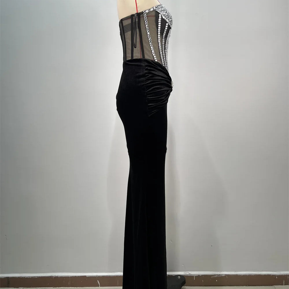New Luxury Diamonds Sexy Mesh See Through Black Velvet Strapless Floor Length Dress Celebrity Party Dress Birthday Vestido