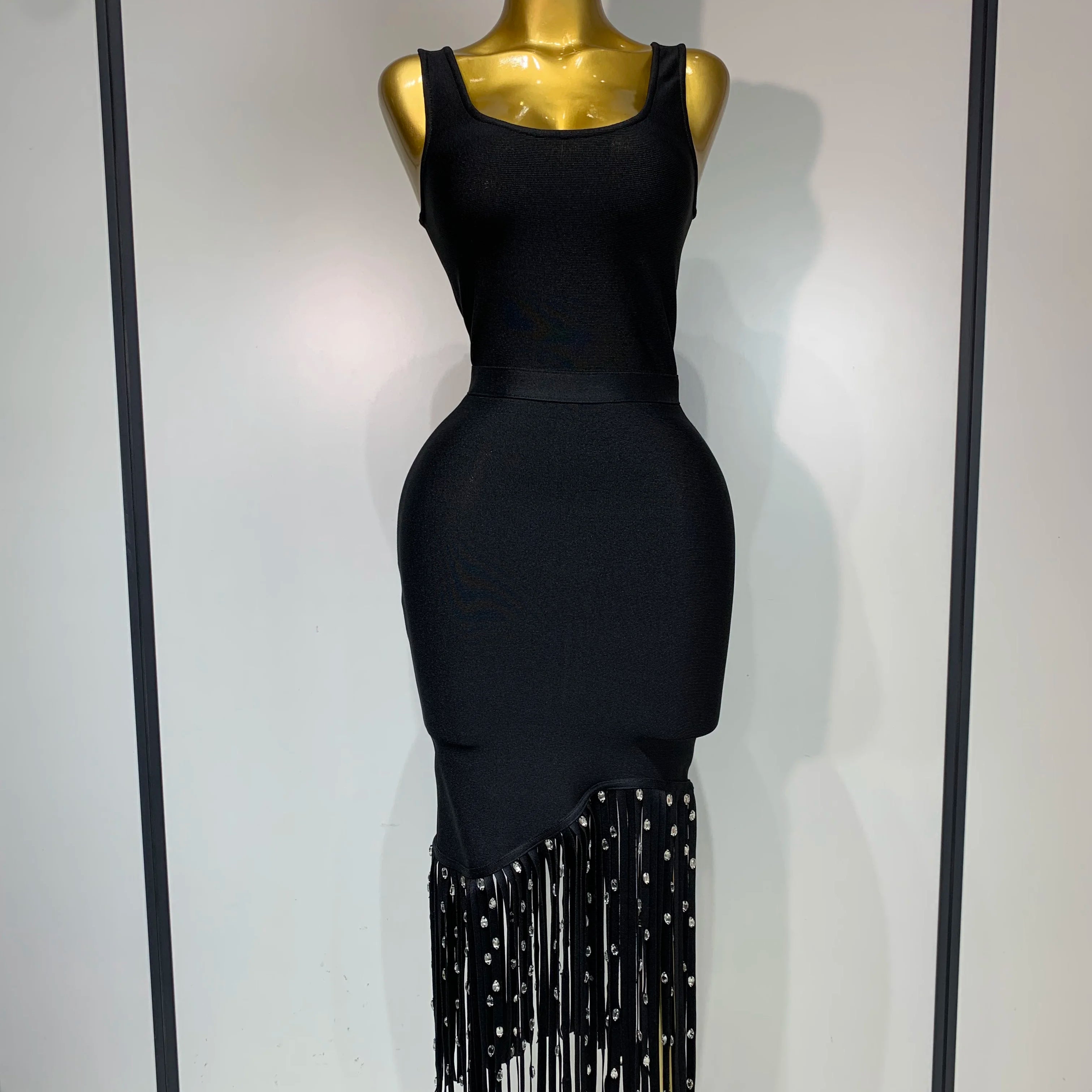 2025 New Fashion Crystal Tassel Temperament Suspender Bodycon Bandage Dress Sexy Midi Evening Party Birthday Dresses Vestidos