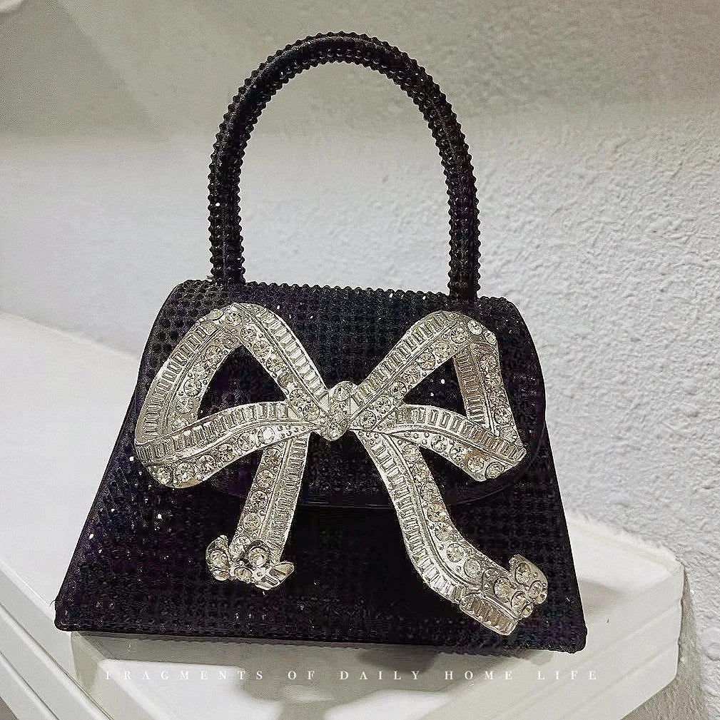Fashion Rhinestone Bow Handbags Women Elegant Boutique Glittering Sequin Crossbody Bags Ladies Silver Purse HudieHEI