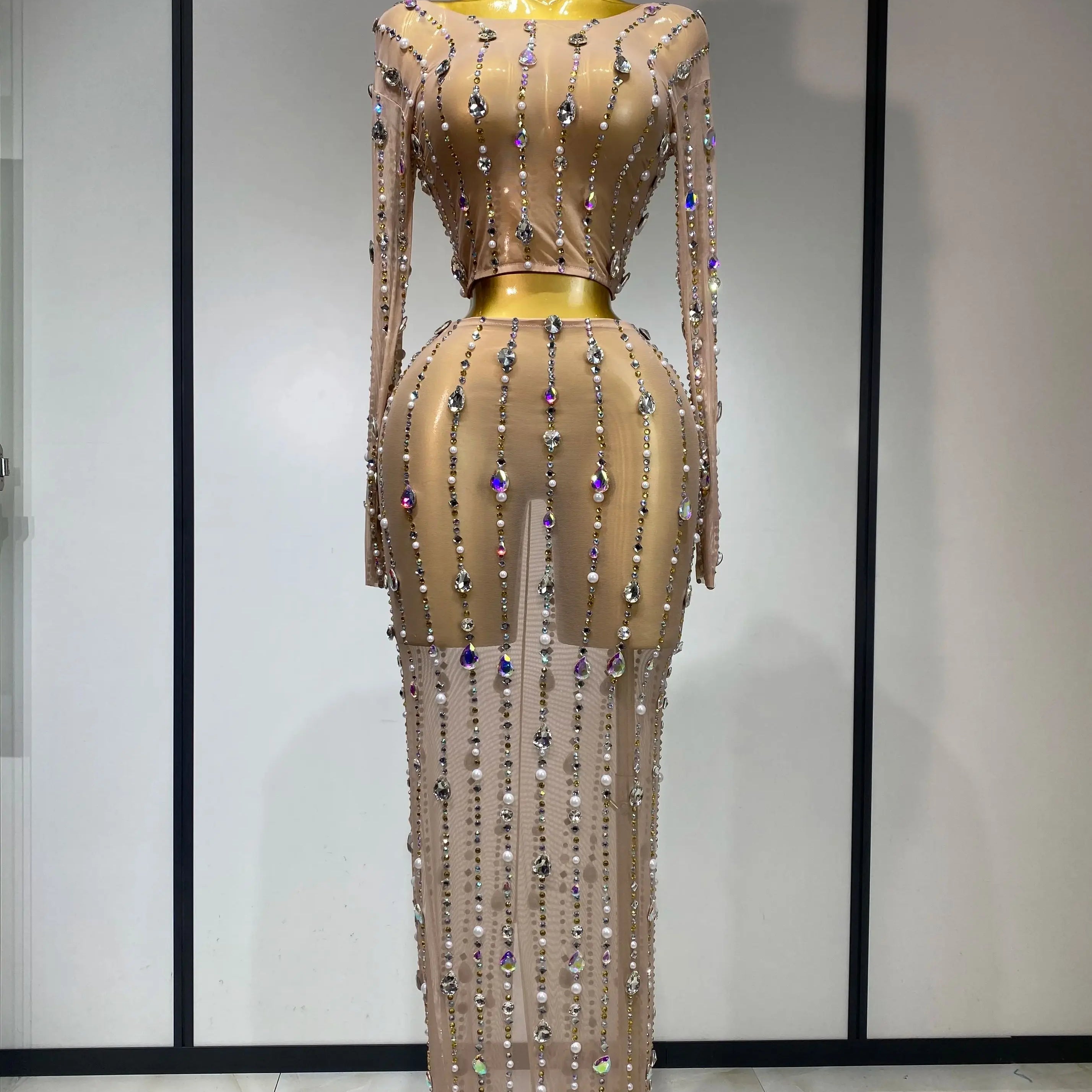 Women Sparkly Rhinestones Top Long Skirt Two Pieces Set Singer Dancer Nightclub Stage Performance Costume Luxury Birthday Dress