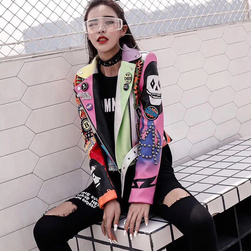 Cropped Leather Jackets Women Colorful Graffiti Studded Coat Punk Faux Leather Motorcycle Biker Jacket Ladies