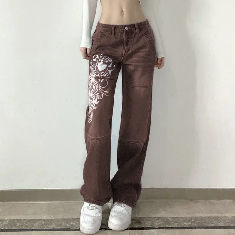 Y2K Solid Color High Waist Streetwear 90S Baggy Jeans Women Pants Straight Wide Leg Jeans Harajuku Printed Cargo Jeans Brown