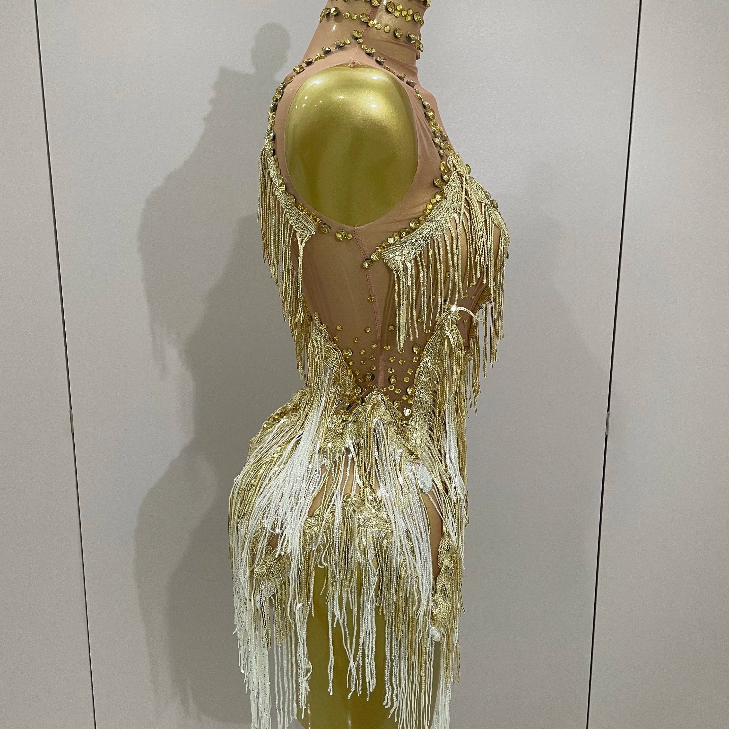 Stock 2025 Women Sexy Stretch Mesh Sparkly Rhinestone Tassels Mini Dress Nightclub Singer Dance Stage Costume Evening Gowns