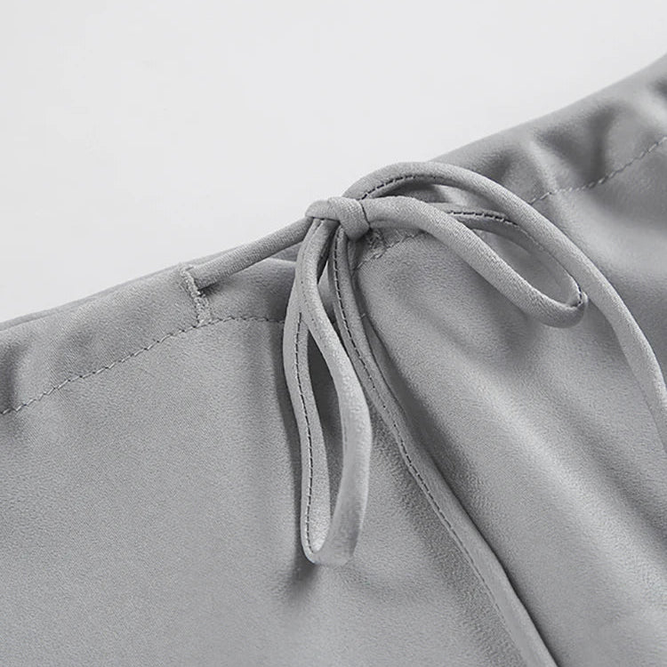 Mnealways18 Gray Drawstring Mermaid Satin Skirts Women Spring Summer Silky Ankle-Length Skirts Office Ladies Midi Skirts