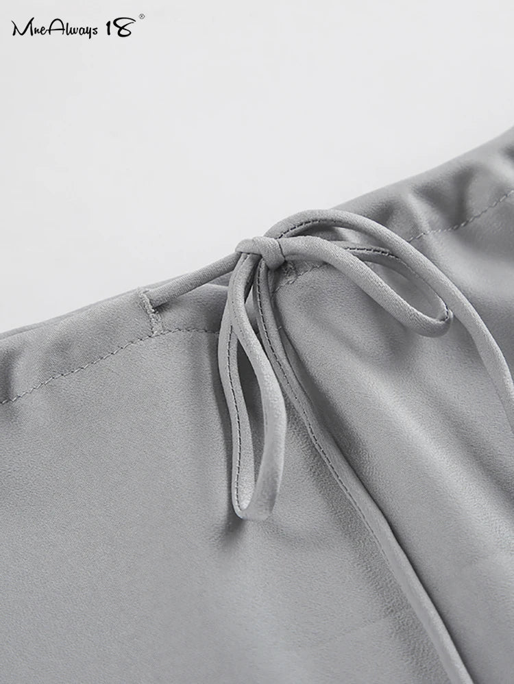 Mnealways18 Gray Drawstring Mermaid Satin Skirts Women Spring Summer Silky Ankle-Length Skirts Office Ladies Midi Skirts