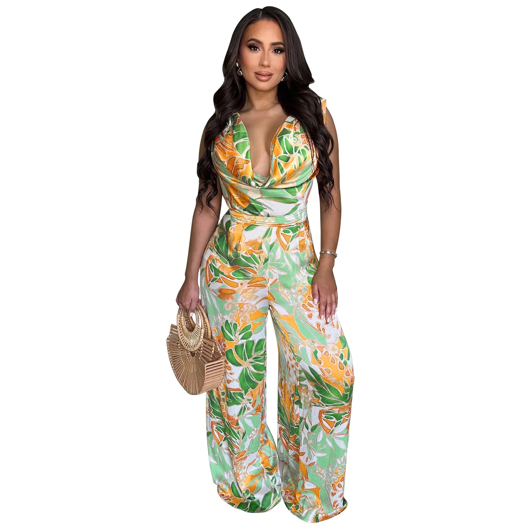 CM.YAYA Leaf Printed Women Wide Leg Pile Neck Sleeveless Satin Jumpsuits 2025 Summer Beach Club Playsuit One Piece Suit Romper