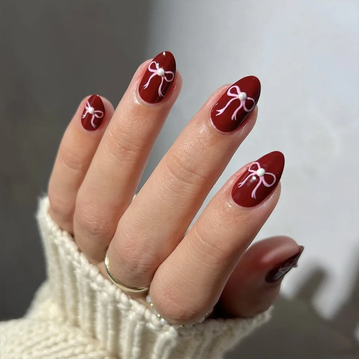 Red French Tip Fake Nails Long Almond Detachable Press on Nails Bowknot Printed Autumn and Winter Charm False Nails for Women