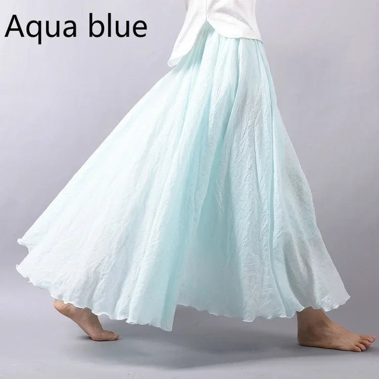 14 Colors Linen Maxi Skirt Pleated Vintage Boho Maxi Long Casual Cotton Beach Skirt Empire A-Line Linen Skirt Ladies Clothing aquablue One Size