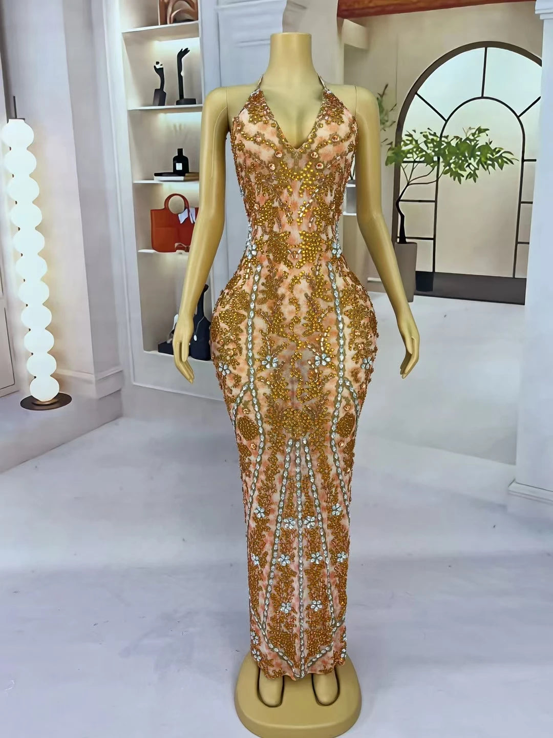 Women's Sexy Backless Strap Deep V Neck Dress Elegant Rhinestone Evening Dress Birthday Celebrate Party Queen Maxi Dress huangye