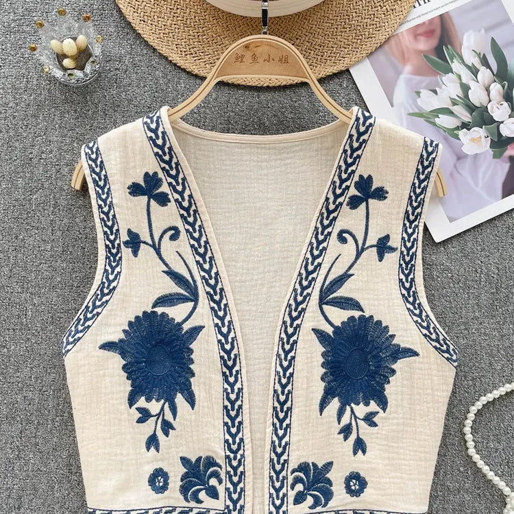 Vintage Floral Embroidery Cardigan Vest Women Summer National Style Ladies Top Patchwork Casual WaistCoat For Female Apricot One Size