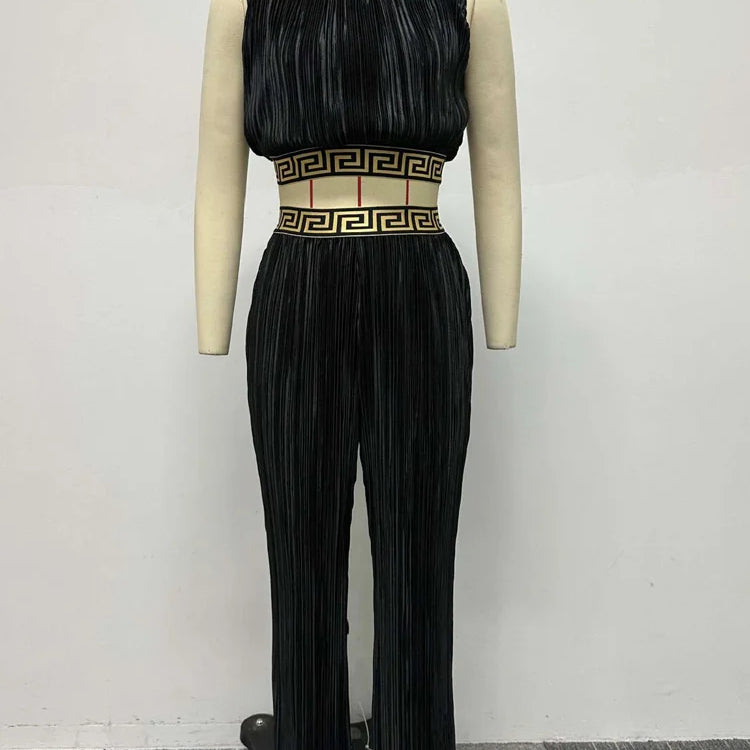 Bonnie Forest Elegant Sleeveless Printed Rcuhed Crop Top And Palazzo Pants Set Chic Tracksuit Female Clubwear Night Club Outfits black